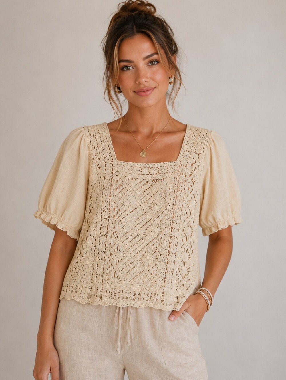 Crochet Square-Neck Puff Sleeve Blouse - Cream